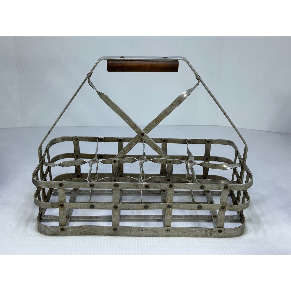 Vintage Galvanized Metal 6 Bottle Milk Crate Carrier with Wood Handle Farmhouse